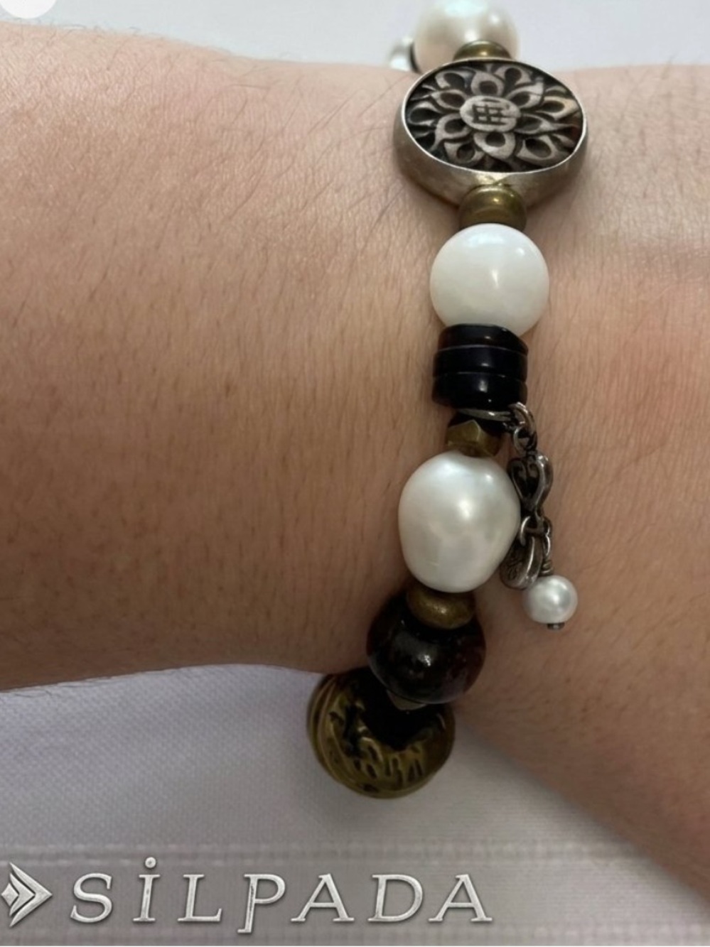 SILPADA 925 Sterling Silver Pearl Bronzite Wood Brass Stretch bracelet